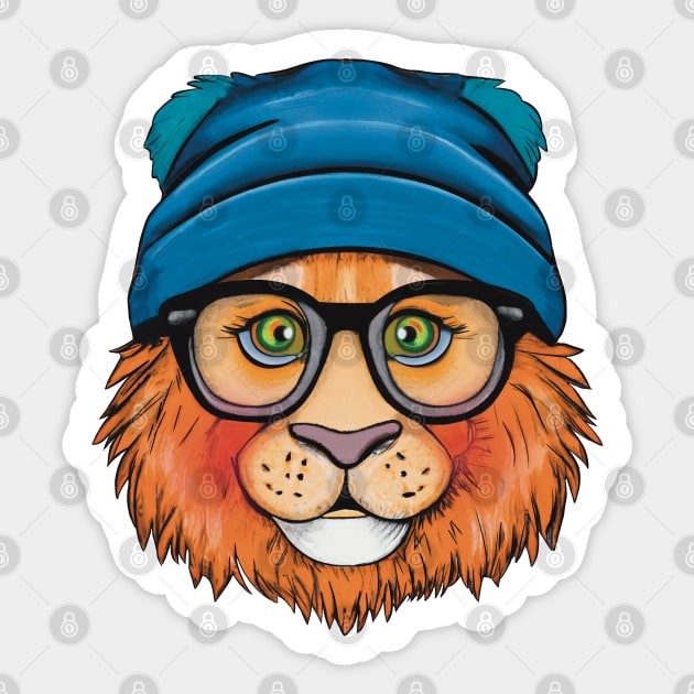 Orange Lion Wearing Glasses and a blue Hat Sticker by FlippinTurtles